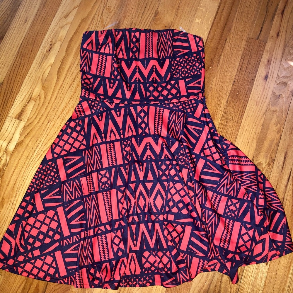 Strapless casual orange and blue dress